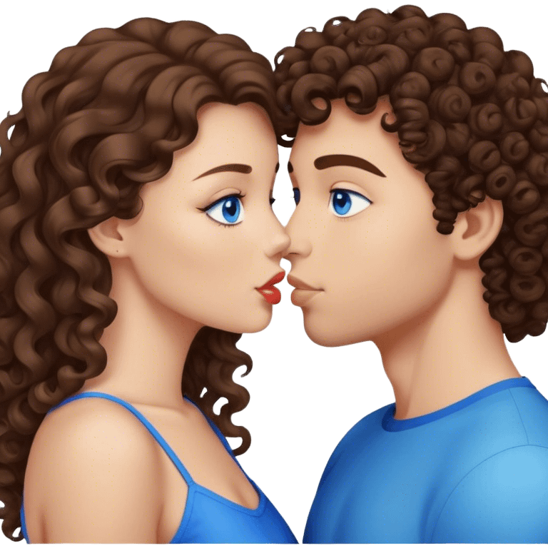 Curly brown hair Caucasian kissed a brunette with straight hair and blue eyes emoji