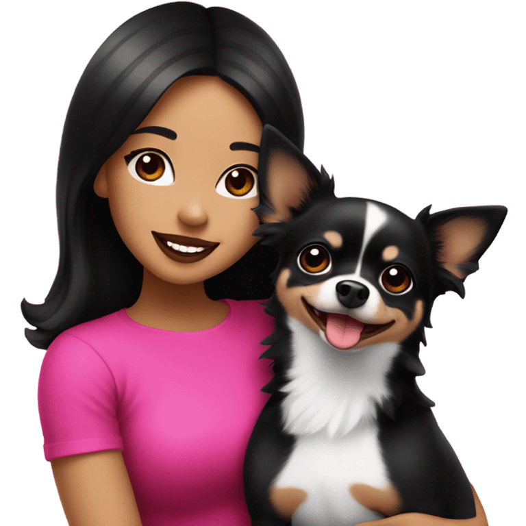 Thick medium black hair with hot pink lips and pink cheek smiling Filipino lady hugging black and white Chihuahua  emoji