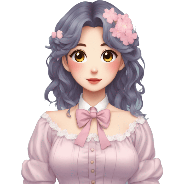 Gorgeous pastel anime style lady with blushing face and flowers and laces and bow ties and pretty hair aesthetic trending style emoji