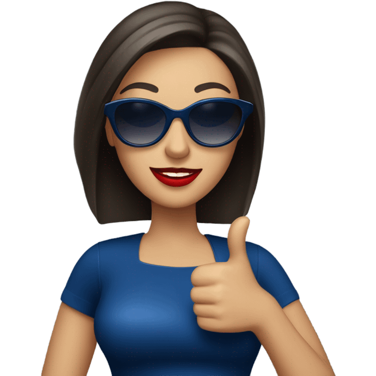 
brunette in dark blue sunglasses, with red lips and in a dark blue dress shows a thumbs up emoji