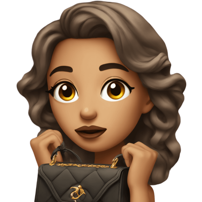 a beautiful girl with makeup who breathing out and eyes up with luxury bag emoji