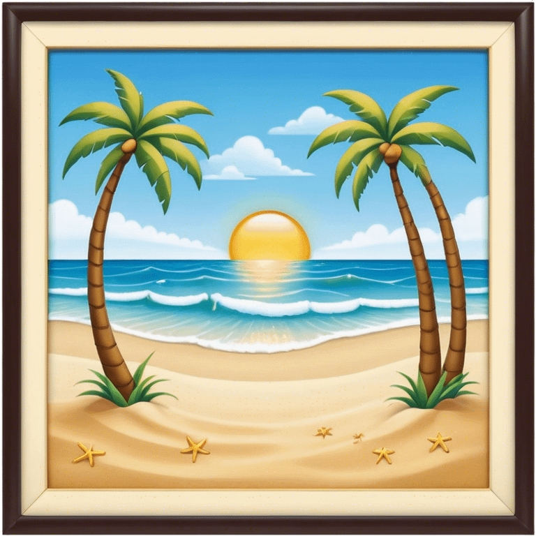 Cinematic Realistic Beach Emoji in a wooden frame, Sunny and bright, with soft golden sand stretching as far as the eye can see, gently lapping waves crashing onto the shore, and a clear, blue sky above. Palm trees sway in the warm breeze, crystal clear water of the waves on the landscape. Soft glowing outline, capturing the essence of a relaxed, joyful beach day filled with sun, sand, and surf! emoji