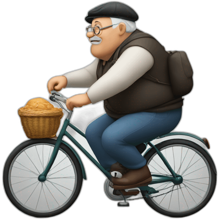 fat grandpa with a grandfather's beret on his head. riding an old bicycle. with a tired face. emoji