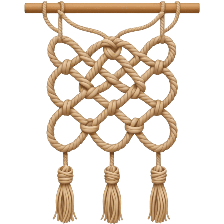 Macramé icon, intricate knot patterns, natural cords, woven texture, minimalistic style, clean lines, transparent background. emoji