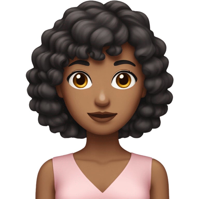 White woman with long black curly hair and bangs and dark brown eyes, wearing a pastel pink dress emoji