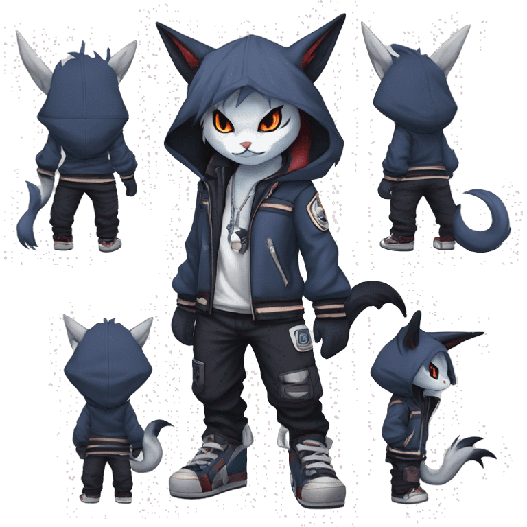 Cool Anthro Chibi Absol-Noivern-Litten-Lynx-Pokémon with edgy stripes hoodie spiked collar punk techwear Cargo Pants Full Body emoji