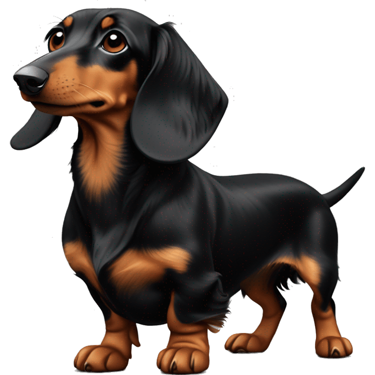 Black and tan long hair dachshund with a short nose with a  tiny patch of white on the chest looking off to the side  emoji