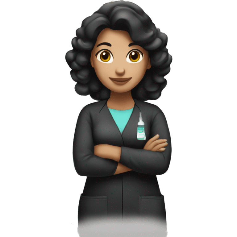 Hispanic woman in black scrubs holding gel emoji