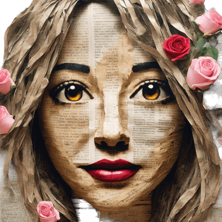 Person face portrait made entirely of newspaper cuttings and roses emoji