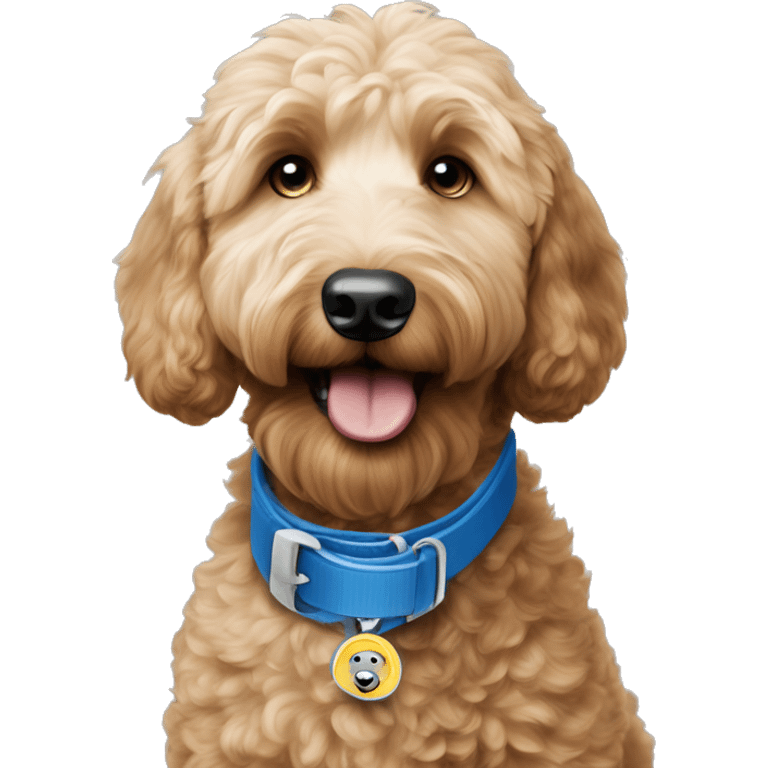 Goldendoodle with blue collar and AirTag is getting ready to eat is food emoji