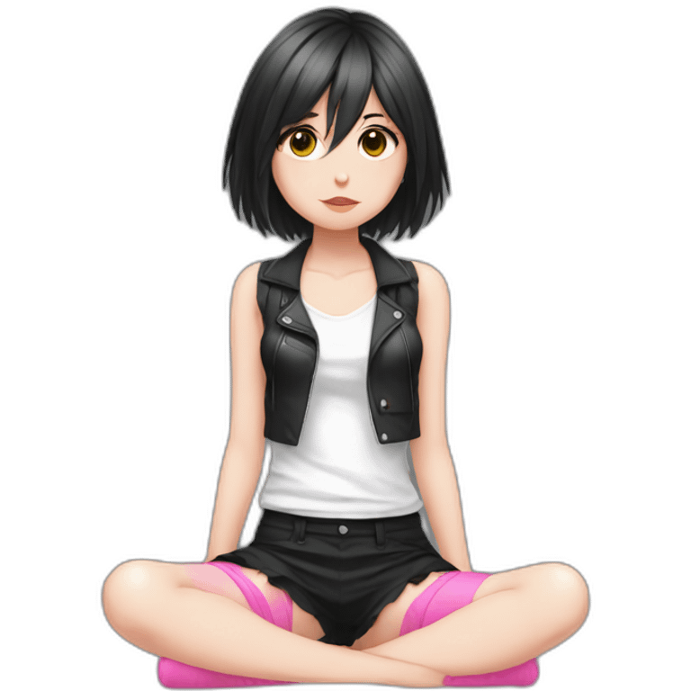 full body Front view emo girl sits on the floor black skirt pink knickers emoji