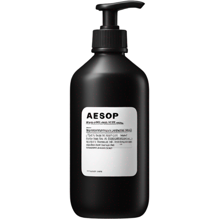 Liquid soap bottle by brand Aesop – black bottle with white label emoji