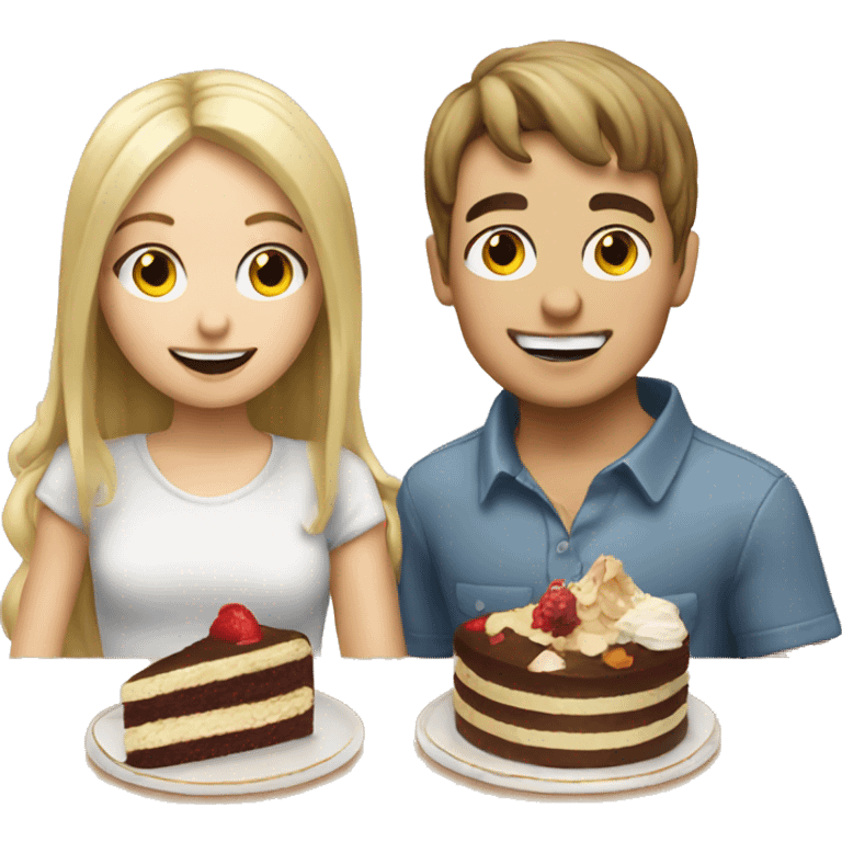 Blonde girl and brunette boy eating cake  emoji