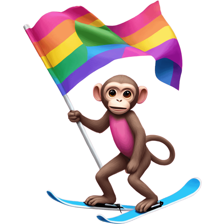 pink monkey on skis holding a pride flag emoji