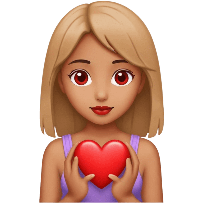 A girl holding a heart emoji