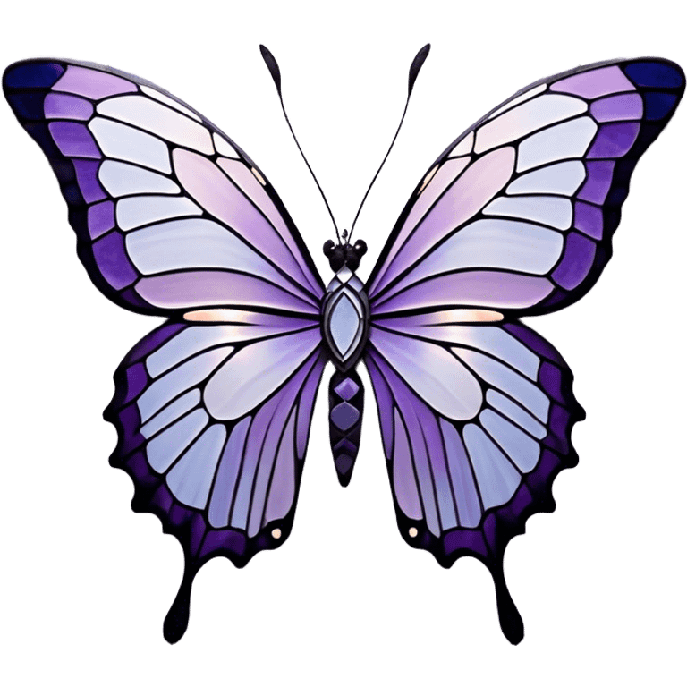 a stunningly detailed butterfly with lilac and ice-purple wings, adorned with an elegant mosaic-like pattern resembling stained glass. The wings should display a harmonious blend of swirling and geometric designs, giving them a mystical and artistic feel. The butterfly should have a graceful, elongated body with a subtle metallic sheen, enhancing its enchanting presence. emoji