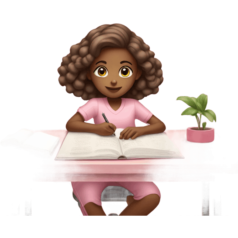 Girl studying on a light pink desk with light pink clothes  emoji