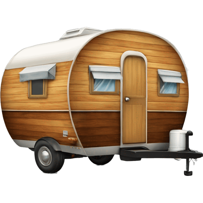 Realistic vintage round wooden travel trailer isolated.  emoji