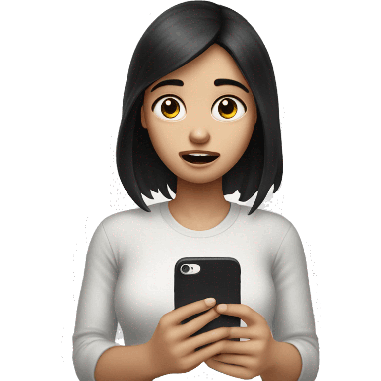 A girl with white skin and dark hair is crying, holding her phone in her hand and pressing her finger on it and looking into it   emoji