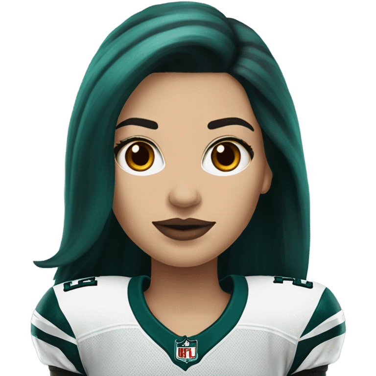 White female long dark hair red lips wearing Philadelphia Eagles jersey emoji