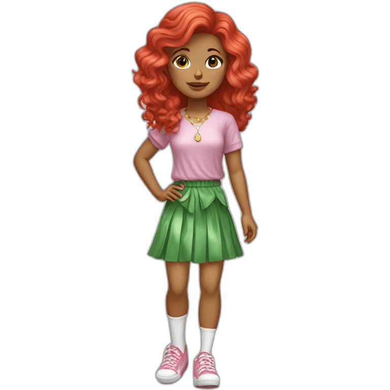 wavy white red hair girl with green and pink shoes and disco seventies skirt emoji