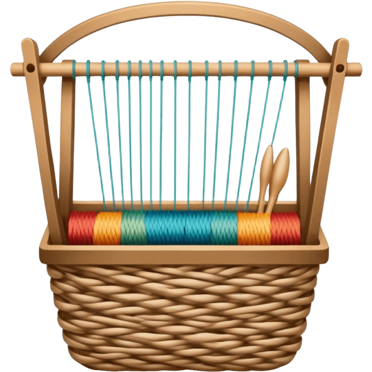 Weaving icon, various types of weaving such as basket weaving, macramé, and loom weaving, showing intertwined threads or ropes, weaving tools like shuttle, crochet hook, and loom, minimalistic style, clean lines, transparent background. emoji