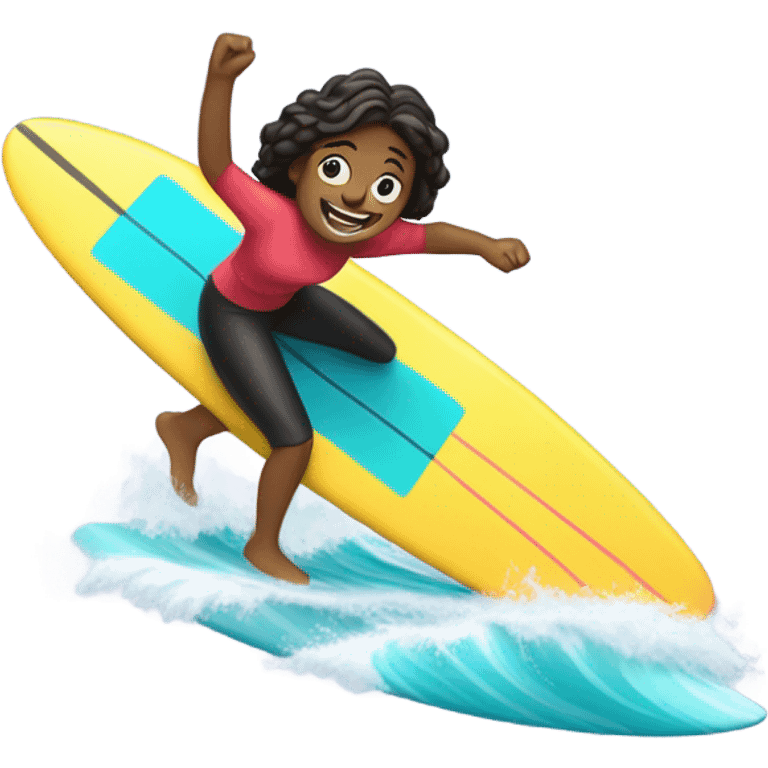 A person (🏄‍♀️) surfing on a wave (🌊). The person is smiling and riding a bright-colored surfboard. emoji