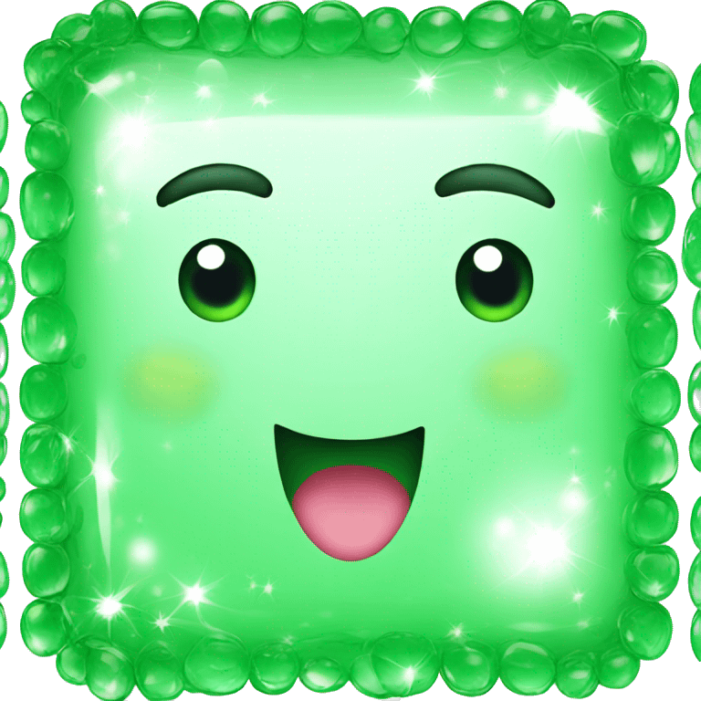 a green square cristal, happy face emoji