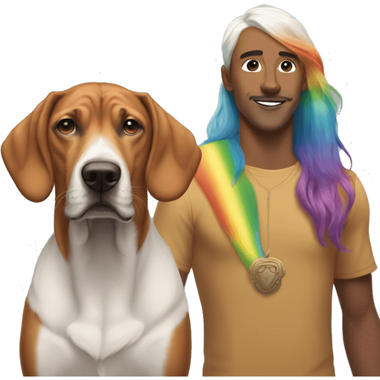 white male with long rainbow colored hair standing alongside a brown rhodesian ridgeback emoji