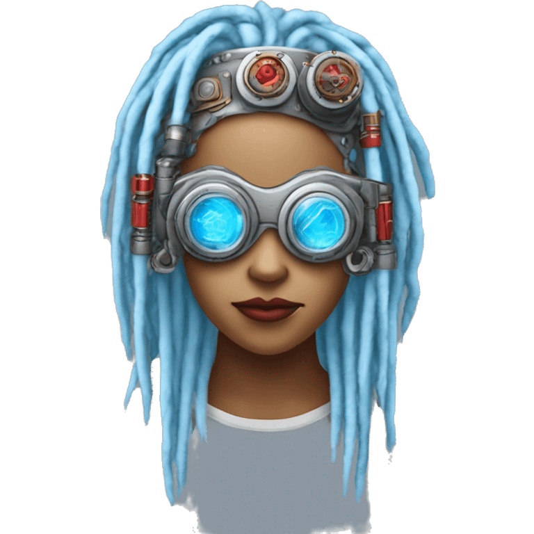 Light blue long dreadlocks female cyborg head with red steampunk goggles and circuits emoji