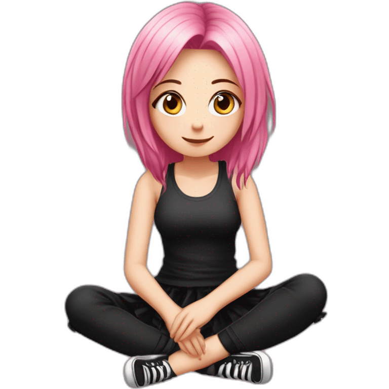 Full body Front view curvy emo girl pink hair sits on the floor straight view hands up black skirt полосатые рваные чулки emoji