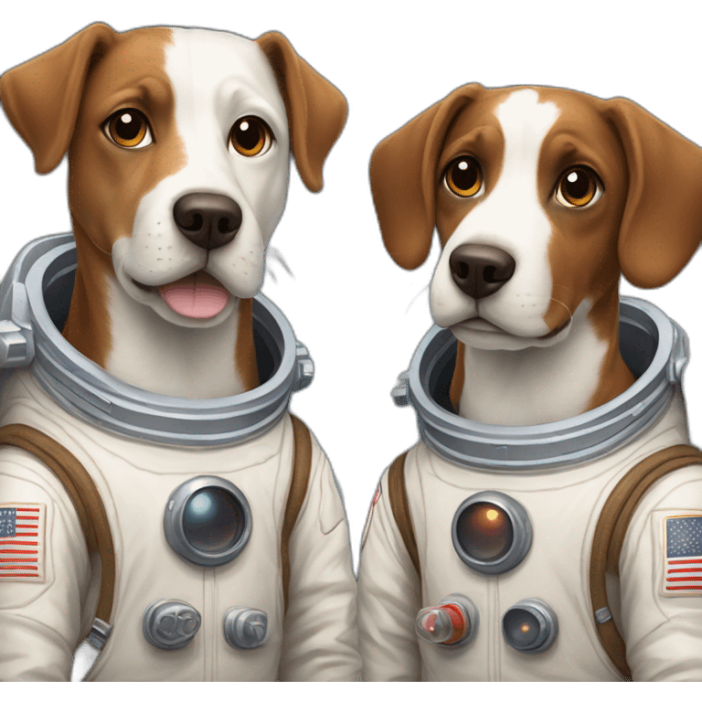 Two dogs, one brown and the other white with brown spots, both wearing astronaut suits. emoji