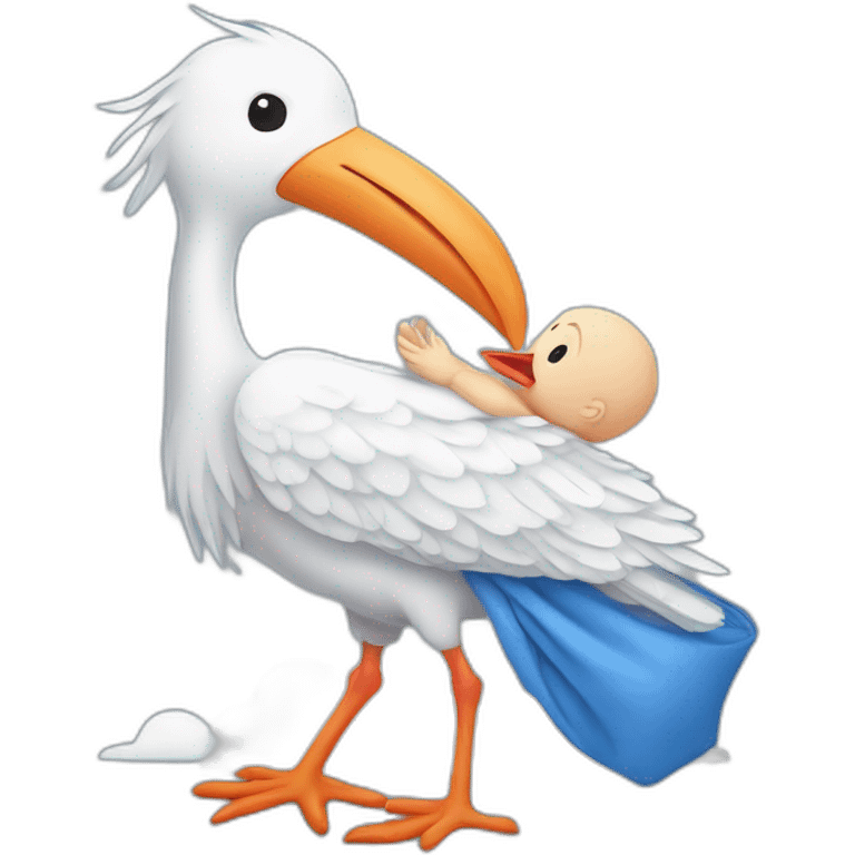 White stork carrying a blue bundle of cloth that has a human person cute baby human in it and the human baby head is peeking from the fabric the strok is carrying in its beak emoji