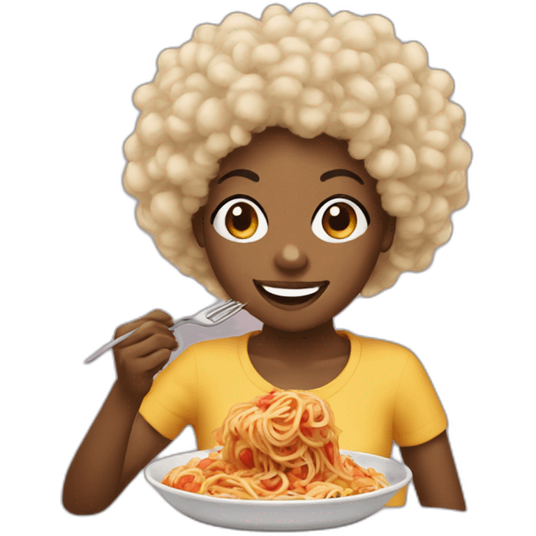 Black Girl with afro smiling and eating spaghetti emoji