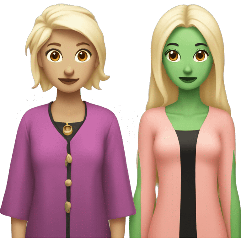 Two witches. One with green skin and black hair and one with pink clothes and blonde hair and peach skin. emoji