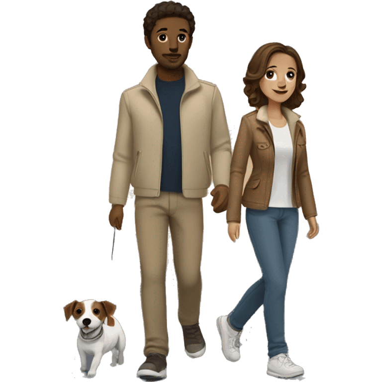 Couple with brown hair and beige jackets and brown pants outfit on a late night walk with a jack russell terrier emoji