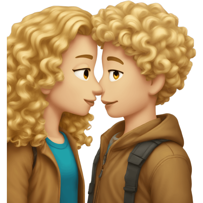 A curly blond boy kisses a curly girl with brown hair emoji