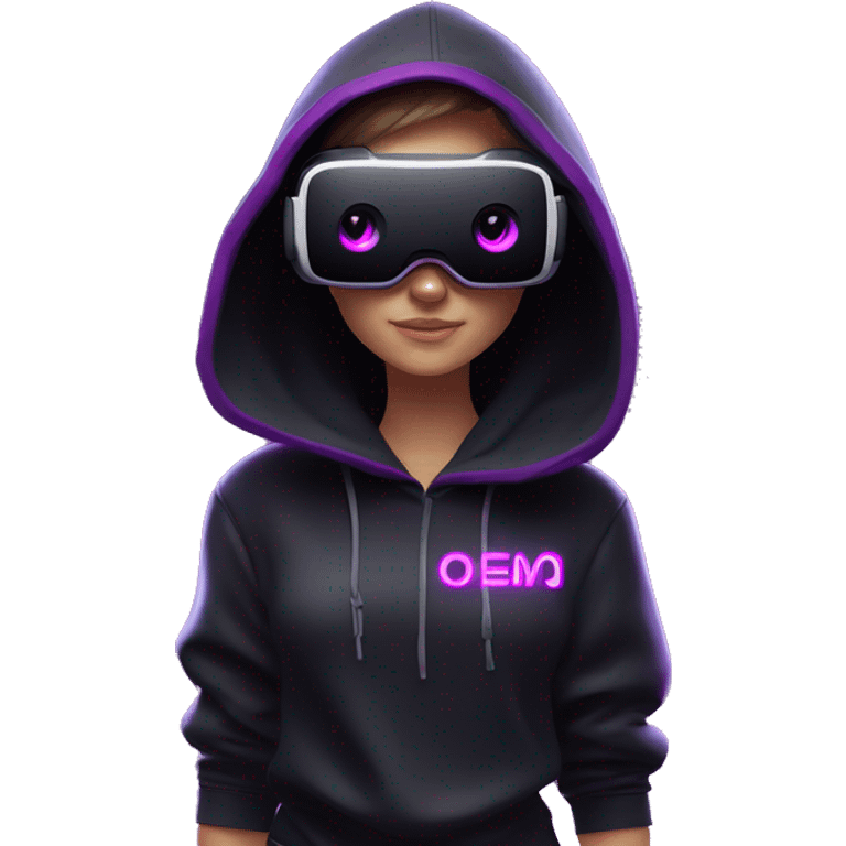 Russian girl wearing black hoody with violet letters "OMG", in vr headset oculus quest2. Standing like jedi. Cyberpunk style. Violet neon. emoji