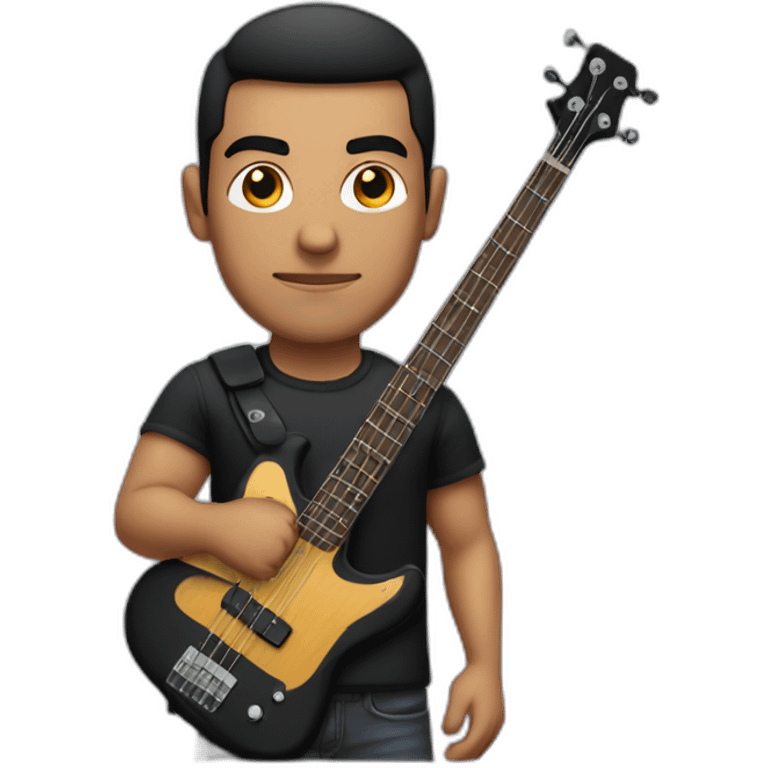 muscular latin man, serious, square head, wearing black shirt, playing electric bass emoji