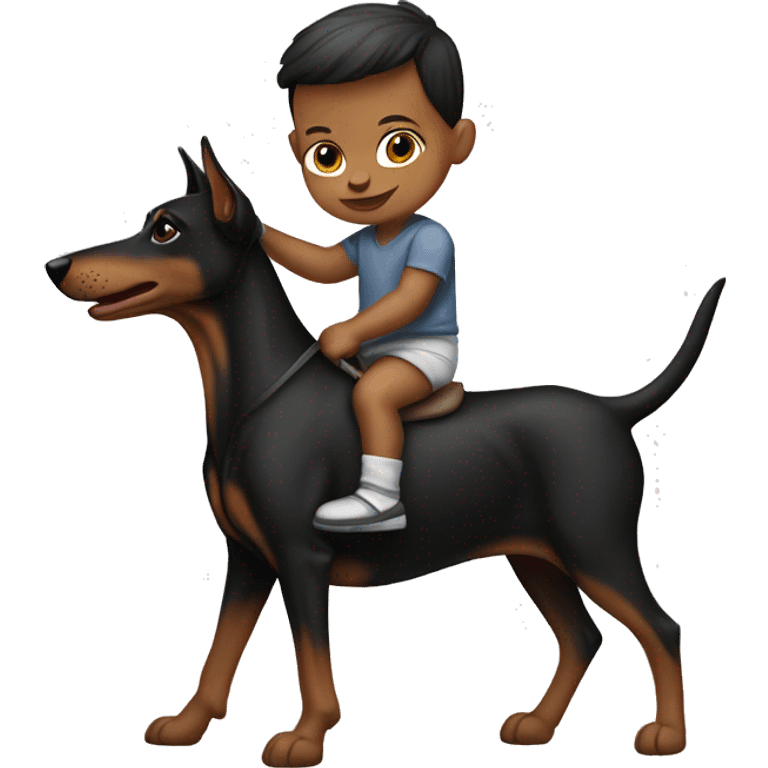 A white newborn baby boy riding a Doberman like a horse emoji