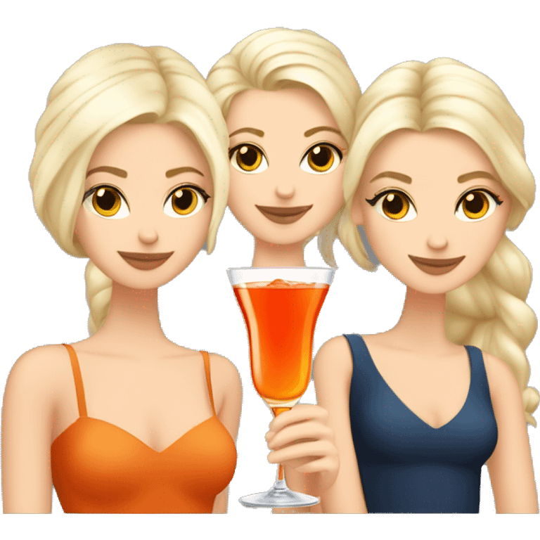 Four beautiful white european girls, one with blond hair and three with dark blond hair in dresses drinking aperol emoji