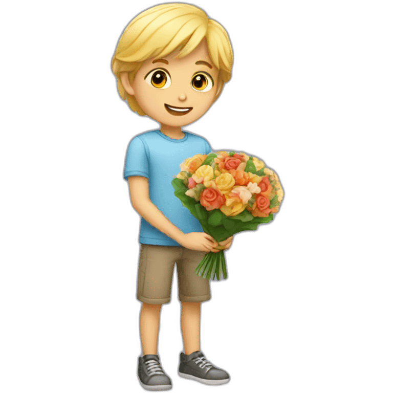 A boy who offers a bouquet of flowers to a pretty blonde emoji