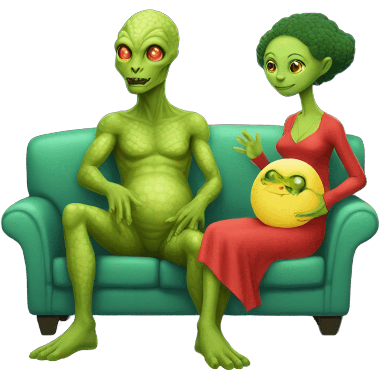 Hyper Realistic: reptilian alien woman in red dress,pregnant, sitting on a jellow couch, and human man white skin emoji