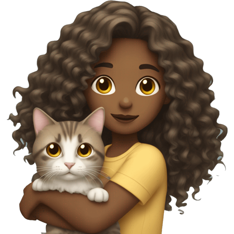 Girl with long curly hair holding cat  emoji