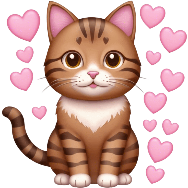 Brown tabby cat with multiple light pink hearts around it emoji