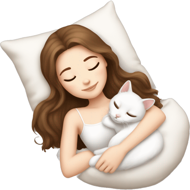 White girl brown hair sleeping with white kitty emoji