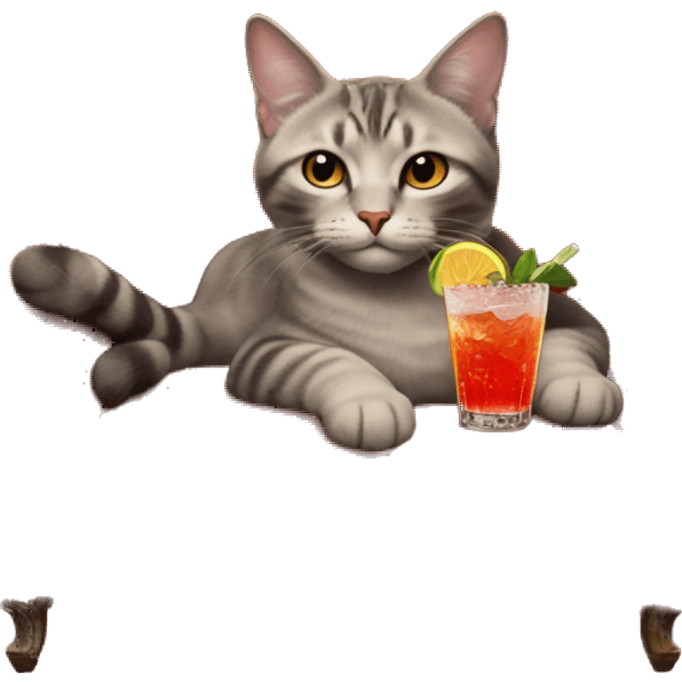 cat laying on vintage red sofa holding a fancy cocktail in its paw emoji