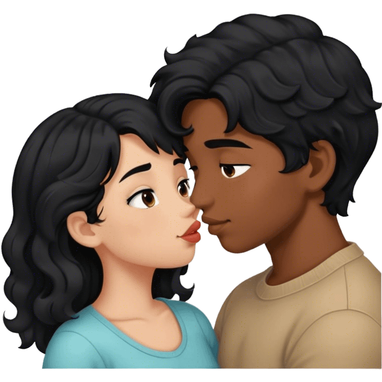 Girl with black hair kissing boy with black wavy hair emoji