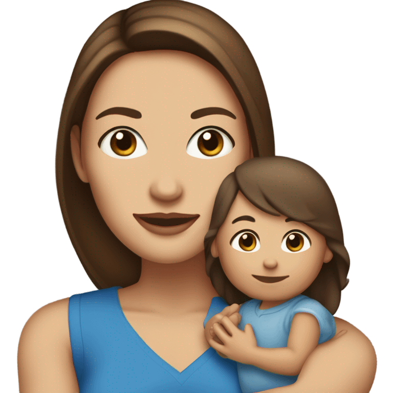 white woman, with straight long mid hair, dark brown hair, blue eyes, round face, uni-lips. holding her baby boy, one year old, brown skin, bit of hair straight brown smiling emoji