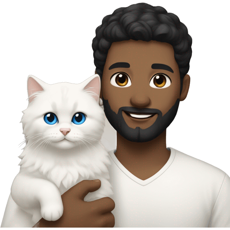 A guy with a black earing and black short hair and black beard and holding a all white Siberian cat with blue eyes  emoji